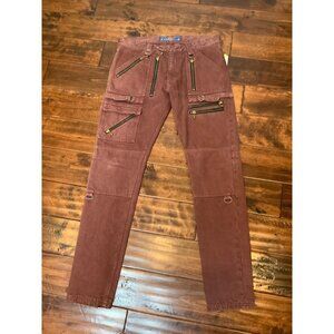 Blackmeans Collection Brick Red Denim 5 Zip Moto Biker Jeans, Size 34